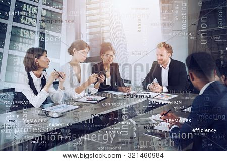 Team Of People Work Together. Concept Of Teamwork And Partnership. Most Important Business Terms In 