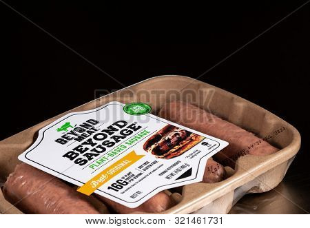 Morgantown, Wv - 10 September 2019: Packaging For Beyond Meat Beyond Plant-based Sausage On Steel Ta