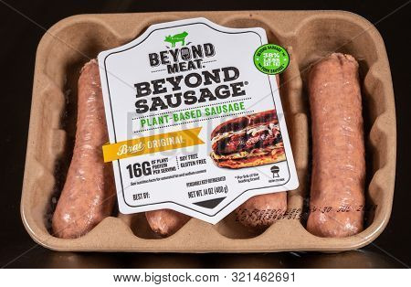 Morgantown, Wv - 10 September 2019: Packaging For Beyond Meat Beyond Plant-based Sausage On Steel Ta
