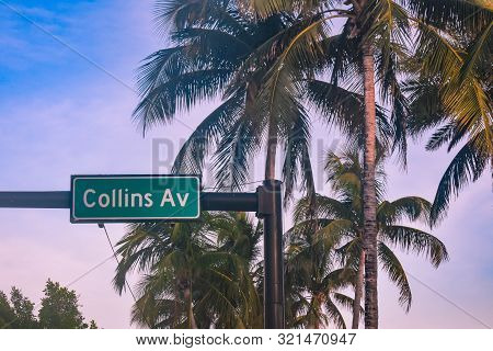 Miami Beach, Florida. July 09, 2019. Top  View Of Collins Ave. Sign.