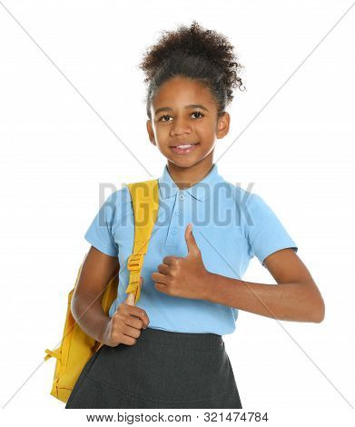 Happy African-american Girl In School Uniform On White Background