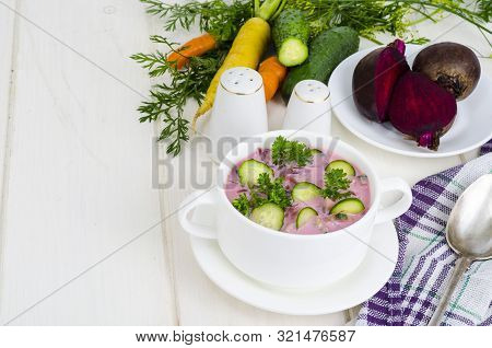 Cold Beet Soup With Cucumbers. Studio Photo