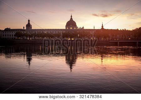 Lyon, France - July 18, 2019: Hotel Dieu In Lyon, France, Taken From The Rhone Riverbank During An E