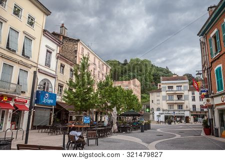 Bourgoin-jallieu, France - July 15, 2019: Place Du 23 Aout 1944 Square, A Pedestrian Square With Caf