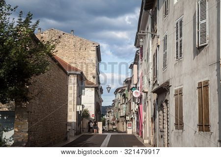 Bourgoin-jallieu, France - July 17, 2019: Old Traditional French Architecture Buildings In A Pedestr