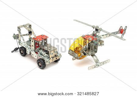 Diy Toy, Mini Metal Alloy Crane Truck And Helicopter On Isolated White Background. Good Old Memory.