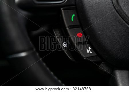 Novosibirsk, Russia - August 24, 2019:  Land Rover Range Rover Evoque,  Car Controller On Steerling 