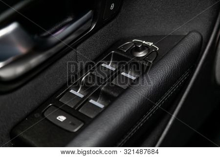 Novosibirsk, Russia - August 24, 2019:  Land Rover Range Rover Evoque,  Close Up Of A Door Control P
