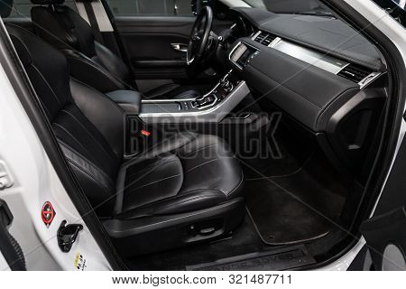 Novosibirsk, Russia - August 24, 2019:  Land Rover Range Rover Evoque,  Black Luxury Car Interior - 