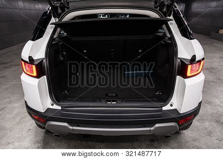 Novosibirsk, Russia - August 24, 2019:  Land Rover Range Rover Evoque,  Close-up Of The Open Trunk, 