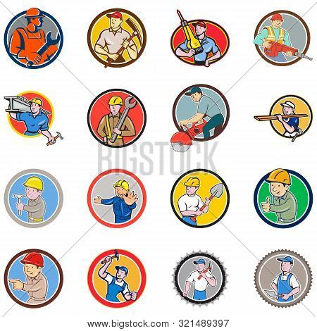 Set Or Collection Of Cartoon Character Icon Style Illustration Of Bust Of Construction Worker, Carpe