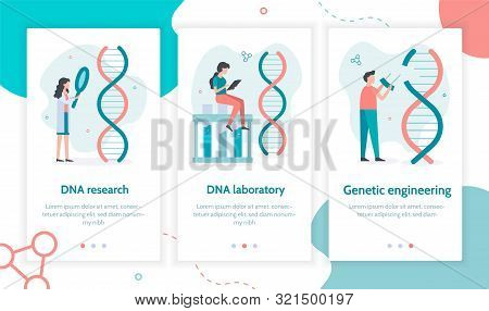 Dna Research And Genetic Engineering. Onboarding Screens Template For Mobile Applications And Websit