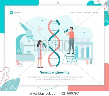 Genetic Scientists Edit Dna. Genetic Engineering Concept. Landing Page Template. Flat Vector Illustr