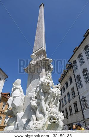 Ljubljana, Slovenia - August 15, 2019: The Fountain Of Three Carniolan Rivers In Ljubljana. The Foun