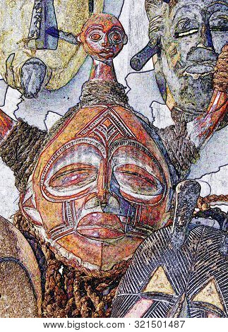 Close Up Of A Hand Carved Wooden African Mask