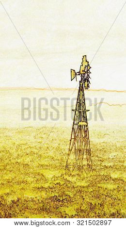 Landscape With A Windmill Water Pump At Sunrise