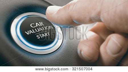 Finger Pressing A Keyless Ingnition Button Where It Is Written The Text Car Valuation Start. Composi