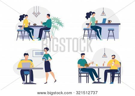 Set Informative Poster Office Staff Lounge Flat. Banner Food Stock In Shared Kitchen In Office. Guy 