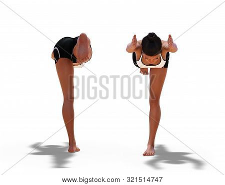 3d Illustration Of Back And Front Poses Of A Woman In Yoga Warrior Three Pose With A White Backgroun
