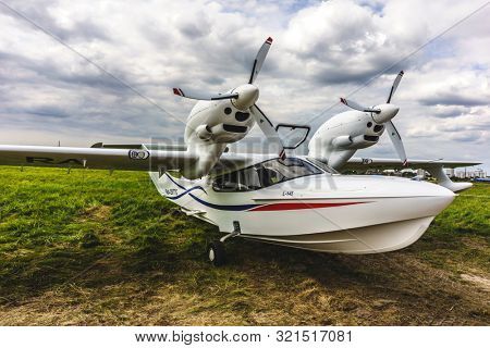 KALININGRAD, Russia - August 18, 2019: 100 Anniversary First European Airport Devau Fest, Ultra Light Propeller Screw Plane Ready for Flight
