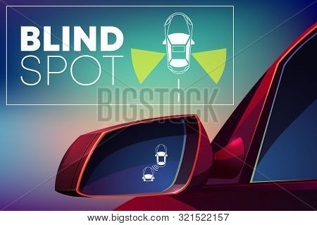 Blind Spot Assist Cartoon Concept. Danger Warning Alert Visual Signal Icon In Car Rear View Mirror. 