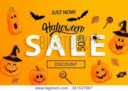 Halloween Sale Banner. Just Now Big Discounts, Poster With Holiday Symbols Pumpkins Characters, Bat,