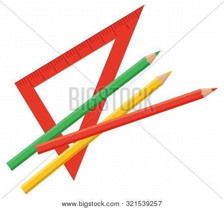 Triangle Ruler For Measurement Length Of Figures And Elements. Also Straightedge For Drawing Straigh