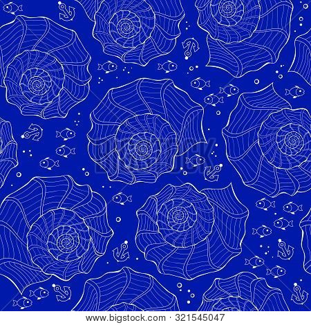 Seamless Pattern Ornament With Beautiful Shells And Maritime Decoration. Modern Popular Print Ornate