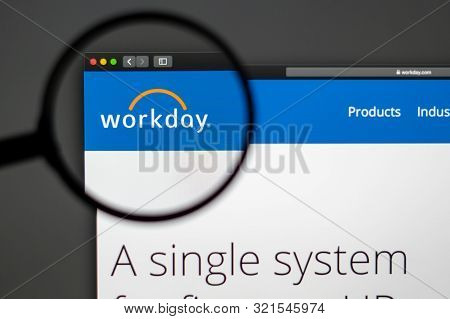 Miami / Usa - 04.28.2019: Workday Company Website Homepage. Close Up Of Workday Logo. Can Be Used As