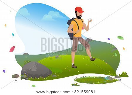 Hiker Or Backpacker, Guy In Mountains, Traveler Or Tourist Vector. Man In Hat With Backpack And Wild
