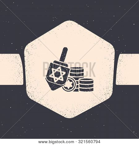 Grunge Hanukkah Dreidel And Coin Icon Isolated On Grey Background. Monochrome Vintage Drawing. Vecto
