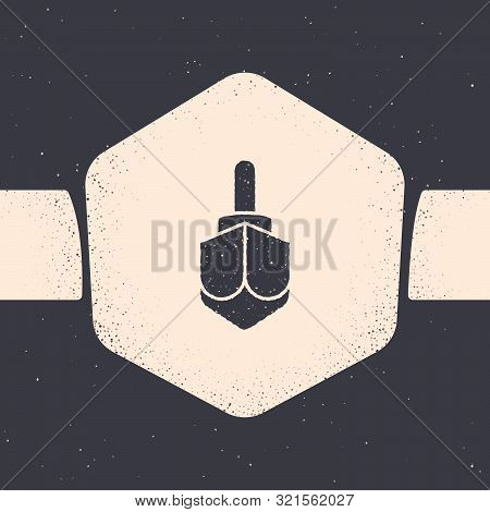 Grunge Hanukkah Dreidel Icon Isolated On Grey Background. Monochrome Vintage Drawing. Vector Illustr
