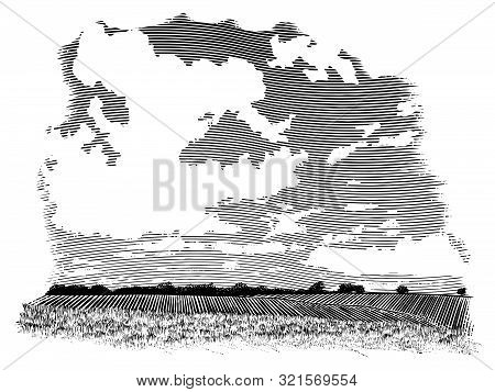Woodcut-style Illustration Of A Farm Landscape With Clouds In The Background.