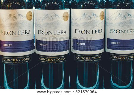 Tyumen, Russia-avg 25, 2019: Concha Y Toro Wine From Chile Frontera Wine Wine Sale Products Of Hyper