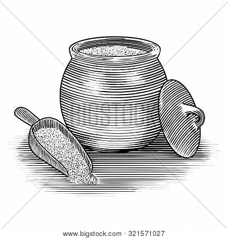 Woodcut Illustration Of A Flour Canister Isolated.