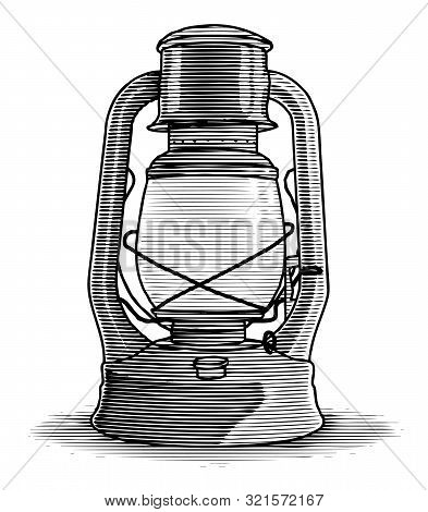 Woodcut Illustration Of An Old Oil Lantern.