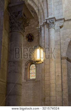 Jerusalem, Israel, September 07, 2019 : Decorative Chandelier Hanging In The Lutheran Church Of The 