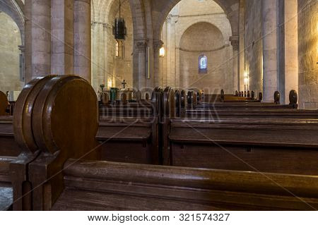 Jerusalem, Israel, September 07, 2019 : A Row Of Benches For Worshipers In The Lutheran Church Of Th