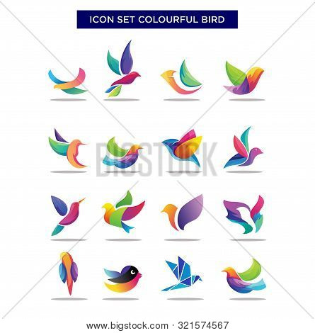 Abstract Geometric Birds Icon Set . Exotic Colorful Flying Bird Logo Icon Set Vector Stock Illustrat