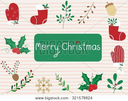 Beautiful And Cute Christmas Botanic And Decor Items. Christmas Element Decor On White And Pink Stri