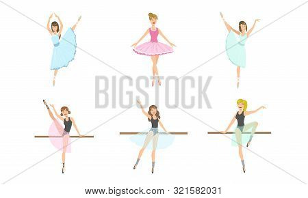 Beautiful Ballerinas Posing And Dancing Set, Classical Ballet Art Female Danser Characters Vector Il