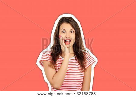 Surprise Happy Woman. Closeup Portrait Woman Looking Surprised. Emotional Girl Magazine Collage Styl