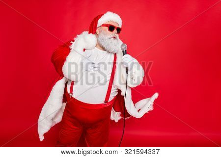 Portrait Of Charming Fat Overweaight Santa Claus With Big Belly Hold Microphone Sing Wear Style Styl