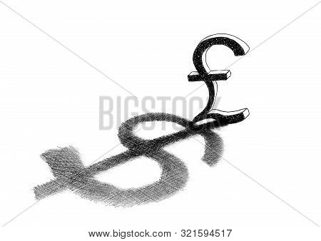 Hand Drawn British Pound Sterling Currency Sign Casting A Us Dollar Shadow. Finance Metaphor For Dep