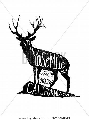 Yosemite National Park California Label With A Silhouette Of A Deer.