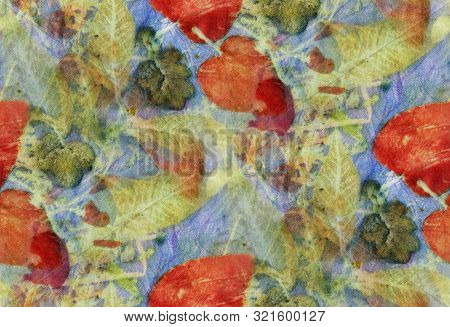 Botanical Print With Leaf Prints On Natural Silk. Hand-drawn Illustration.