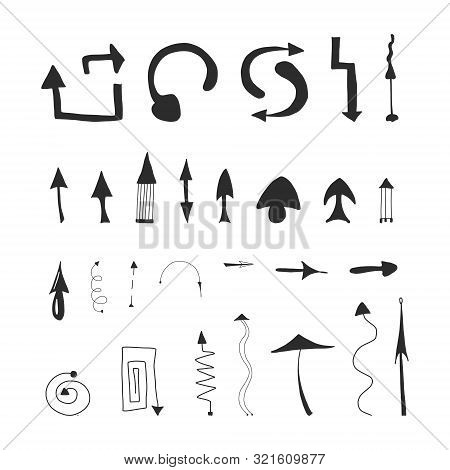 Hand Drawn Arrow Set, Collection Of Black Direction Pencil Sketch Symbols, Vector Illustration Graph