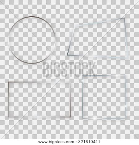 Silver Shiny Frames With Glowing Effects. Set Of Four Silver Rectangular, Round, Square And Quadrang