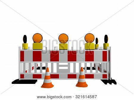 Construction Site Shut-off With Warning Lights And Traffic Cones. 3d Rendering