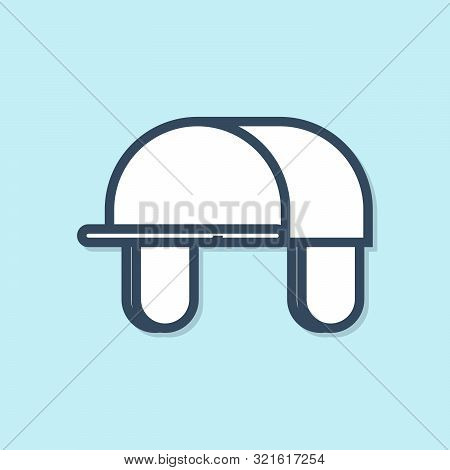 Blue Line Hunter Hat Icon Isolated On Blue Background. Plaid Winter Hat. Vector Illustration